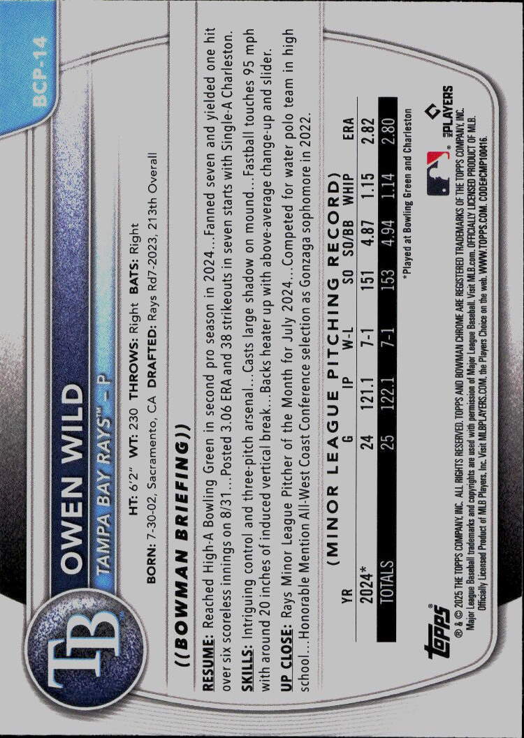 2025 Bowman #BCP-14 Owen Wild Chrome Prospects