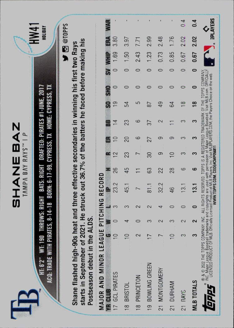 2022 Topps Holiday #HW41 Shane Baz