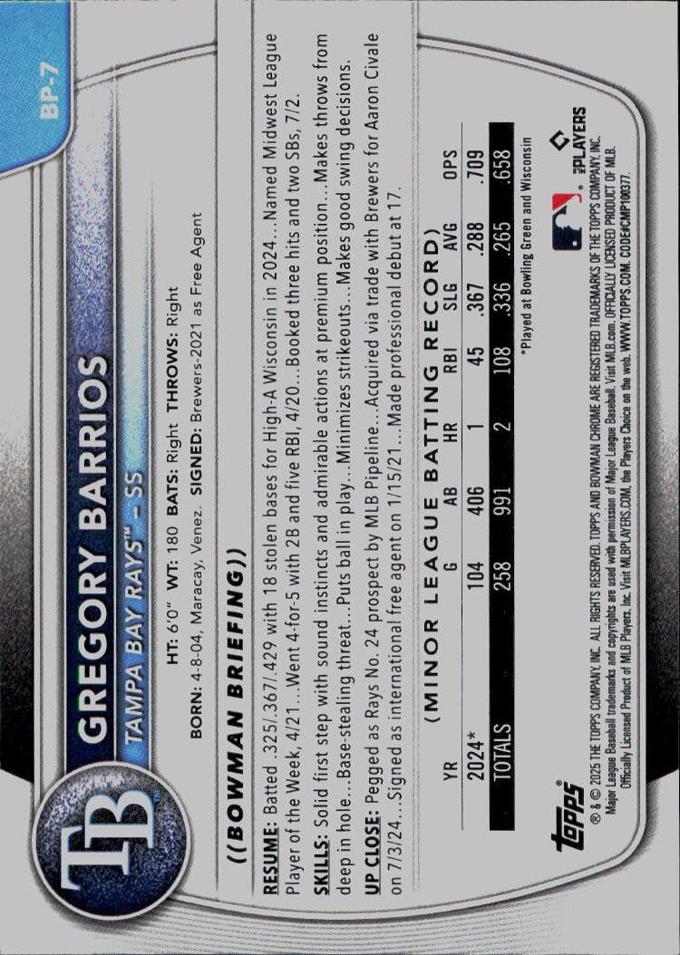2025 Bowman #BP-7 Gregory Barrios Prospects