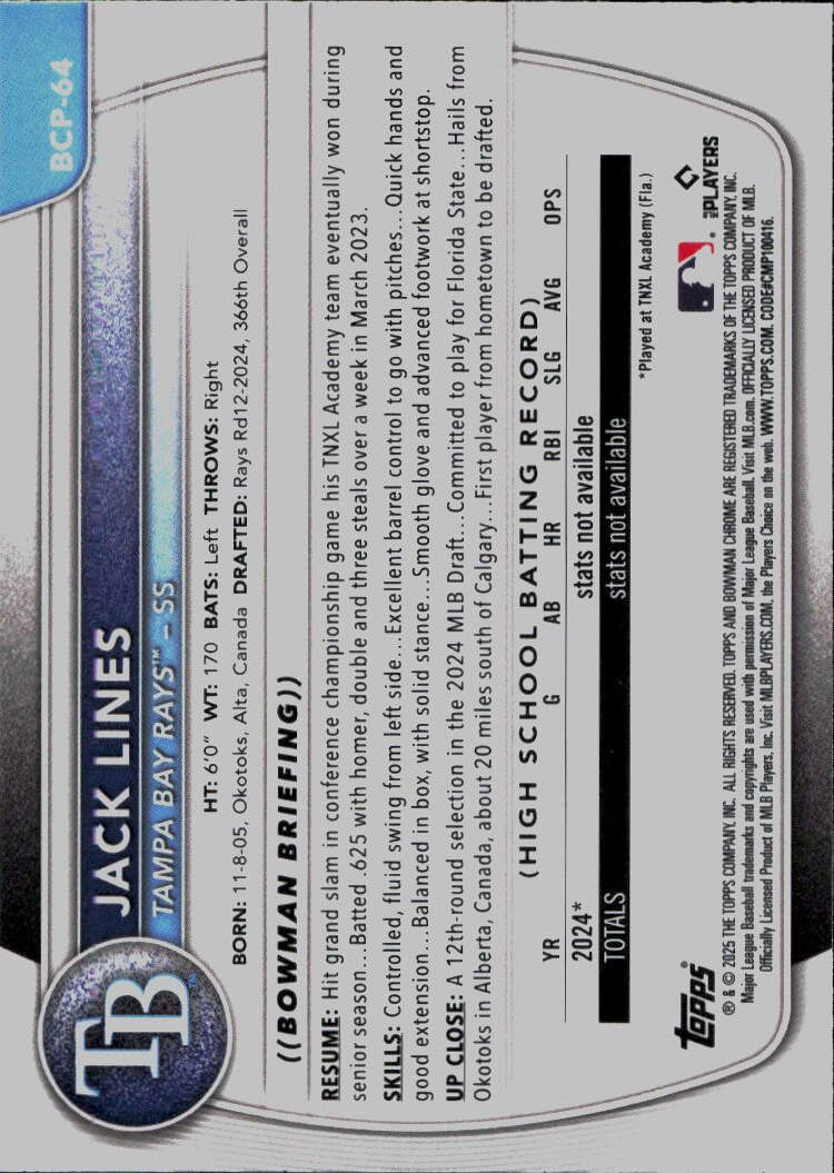 2025 Bowman #BCP-64 Jack Lines Chrome Prospects