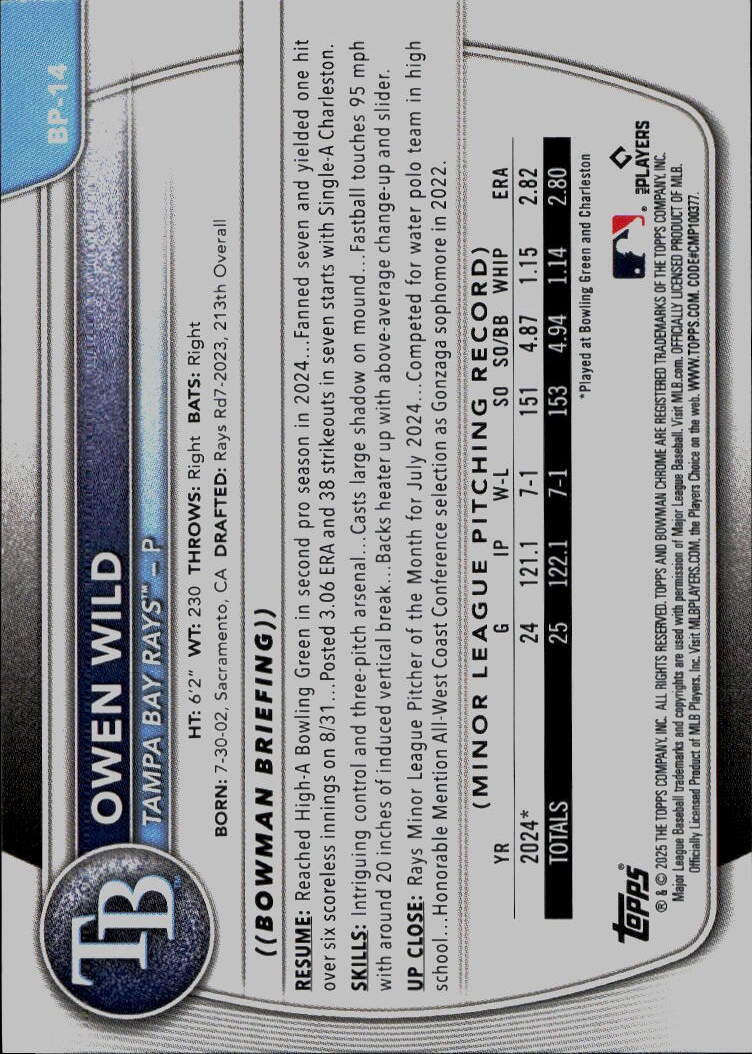 2025 Bowman #BP-14 Owen Wild Prospects