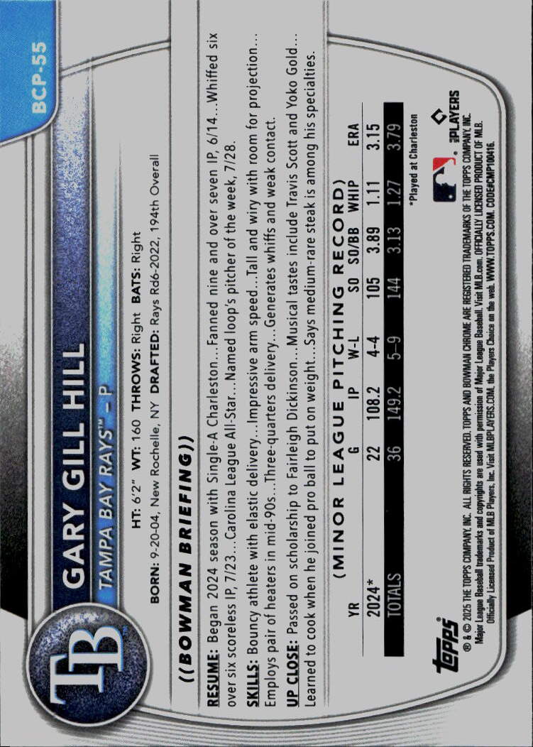 2025 Bowman #BCP-55 Gary Gill Hill Chrome Prospects