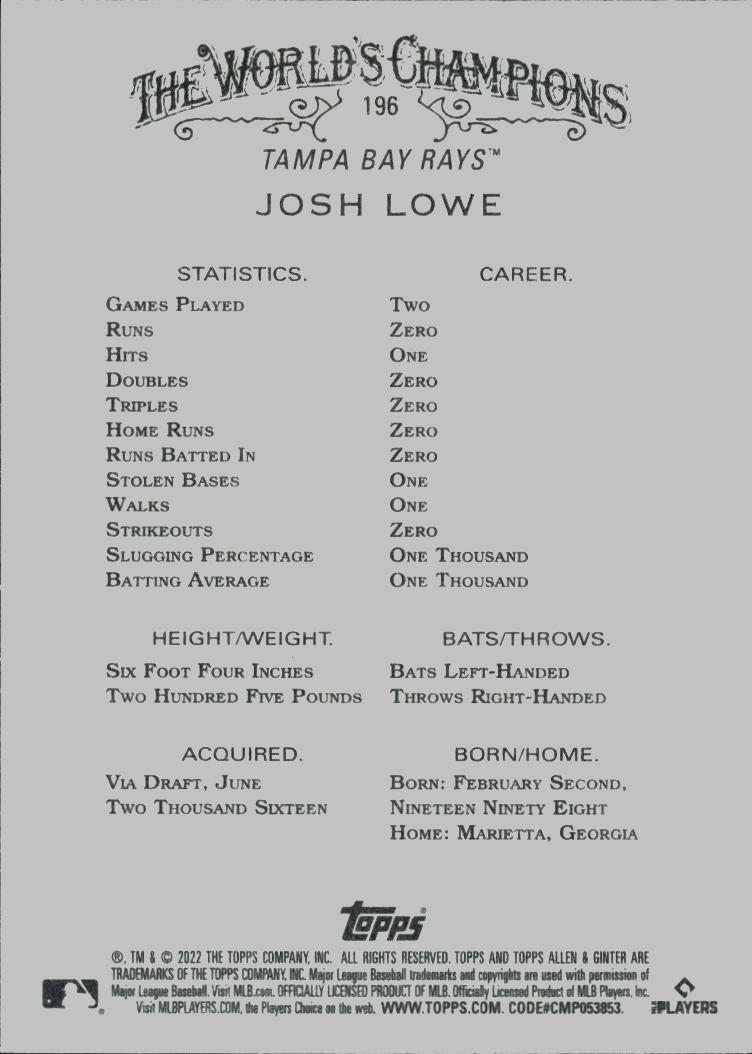 2022 Topps Allen & Ginter #196 Josh Lowe