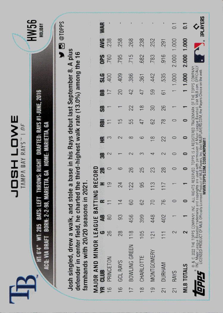 2022 Topps Holiday #HW56 Josh Lowe