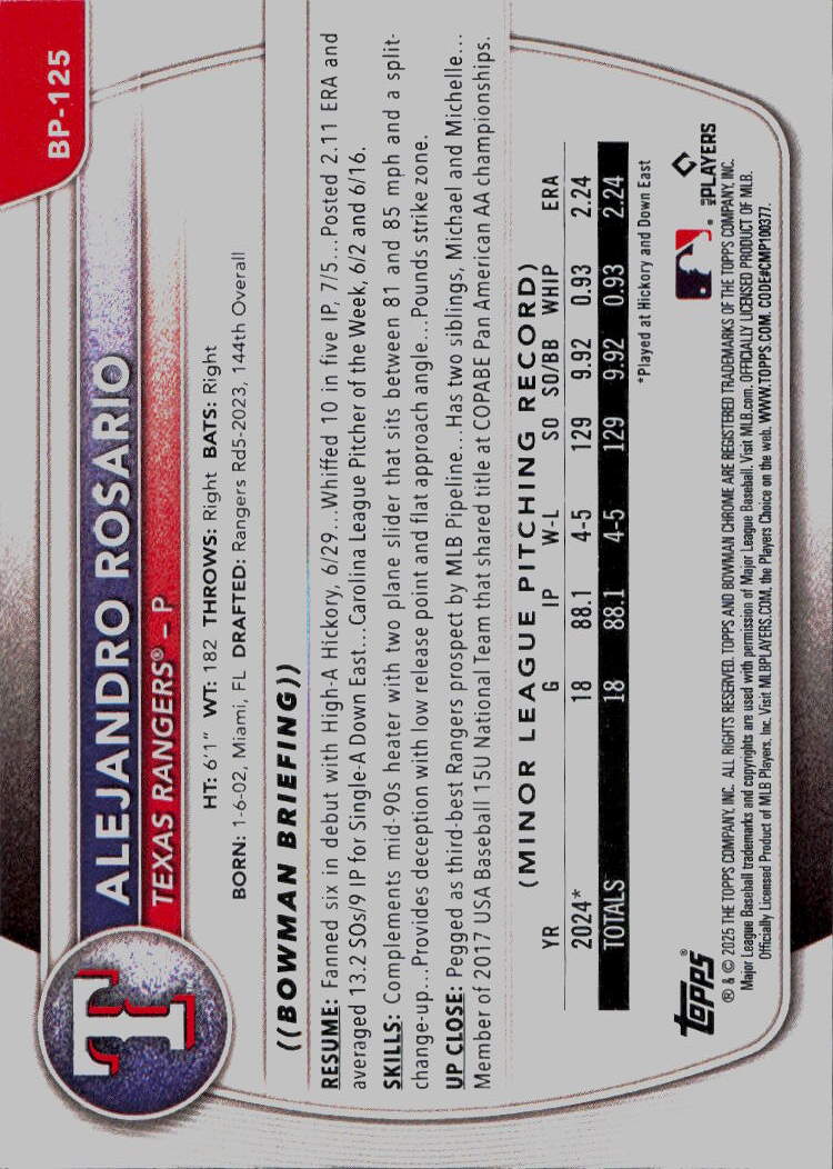 2025 Bowman #BP-125 Alejandro Rosario Prospects