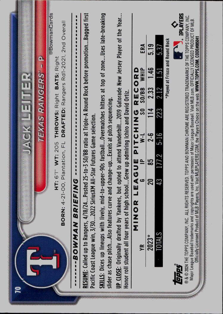 2024 Bowman Chrome #70 Jack Leiter