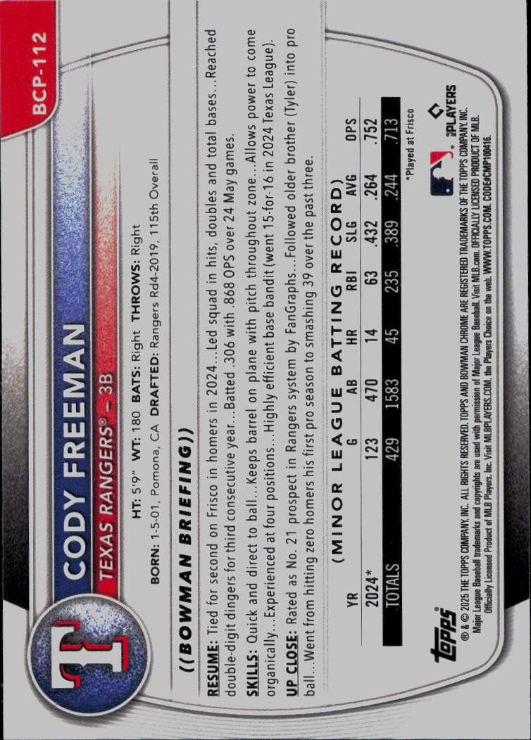 2025 Bowman #BCP-112 Cody Freeman Chrome Prospects