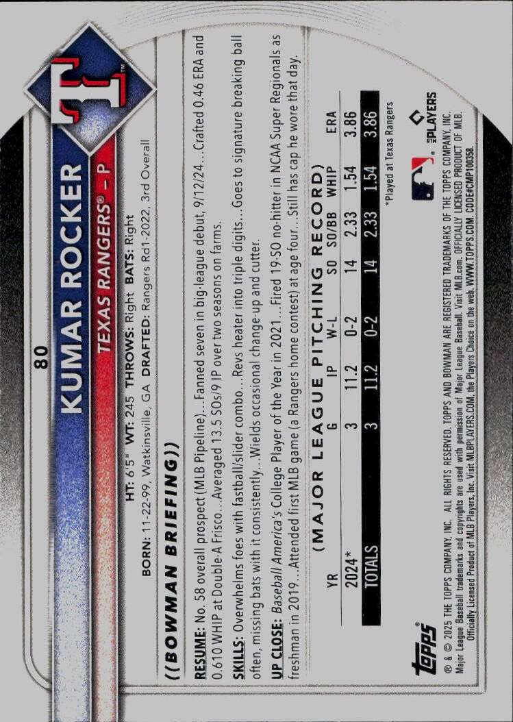 2025 Bowman #80 Kumar Rocker