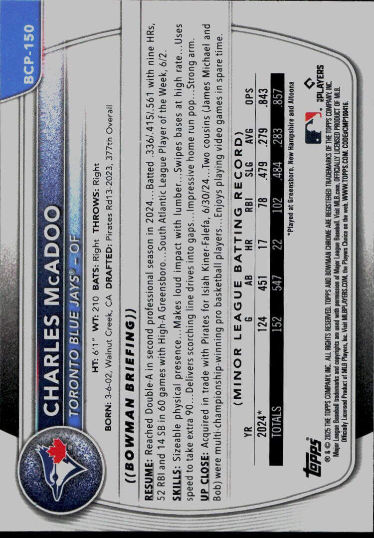 2025 Bowman #BCP-150 Charles McAdoo Chrome Prospects