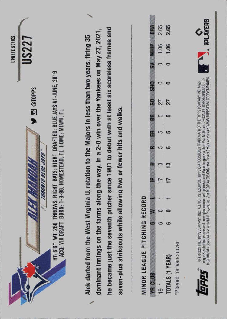 2021 Topps Update #US227 Alek Manoah