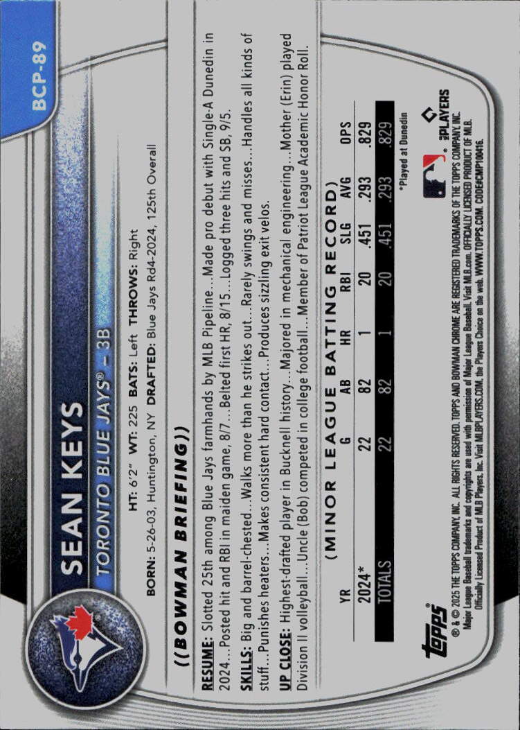 2025 Bowman #BCP-89 Sean Keys Chrome Prospects