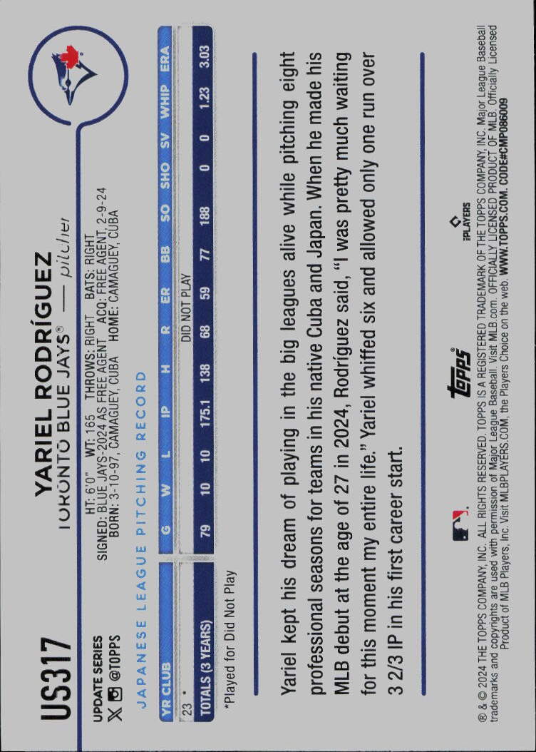 2024 Topps Update #US317 Yariel Rodriguez