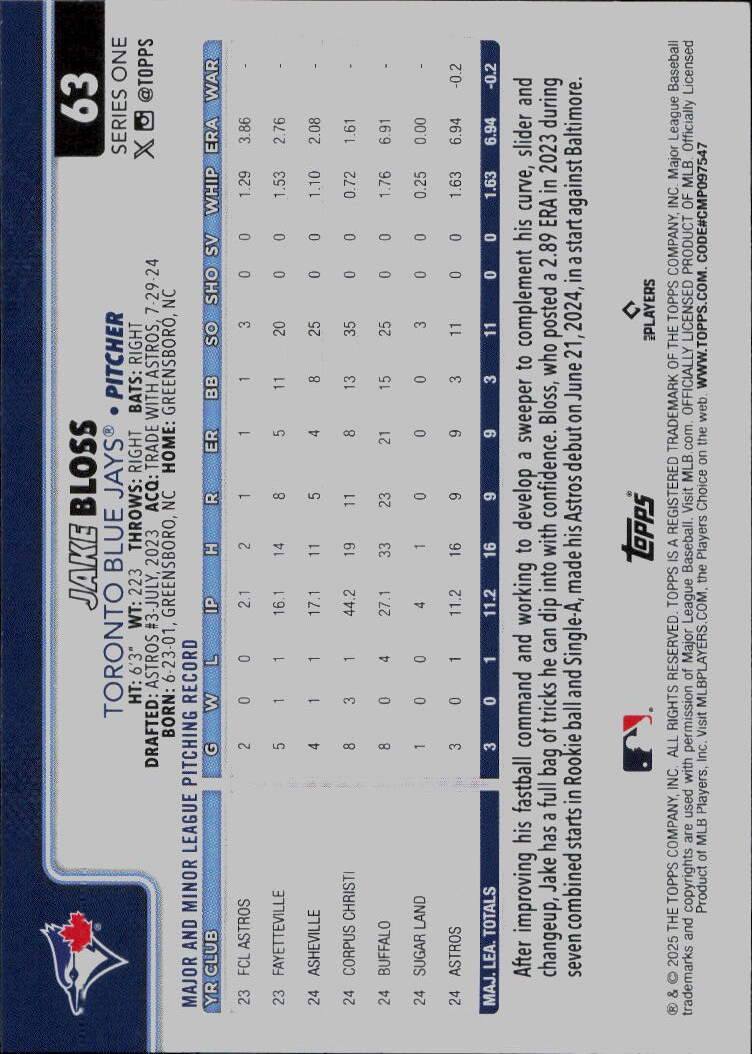 2025 Topps #63 Jake Bloss