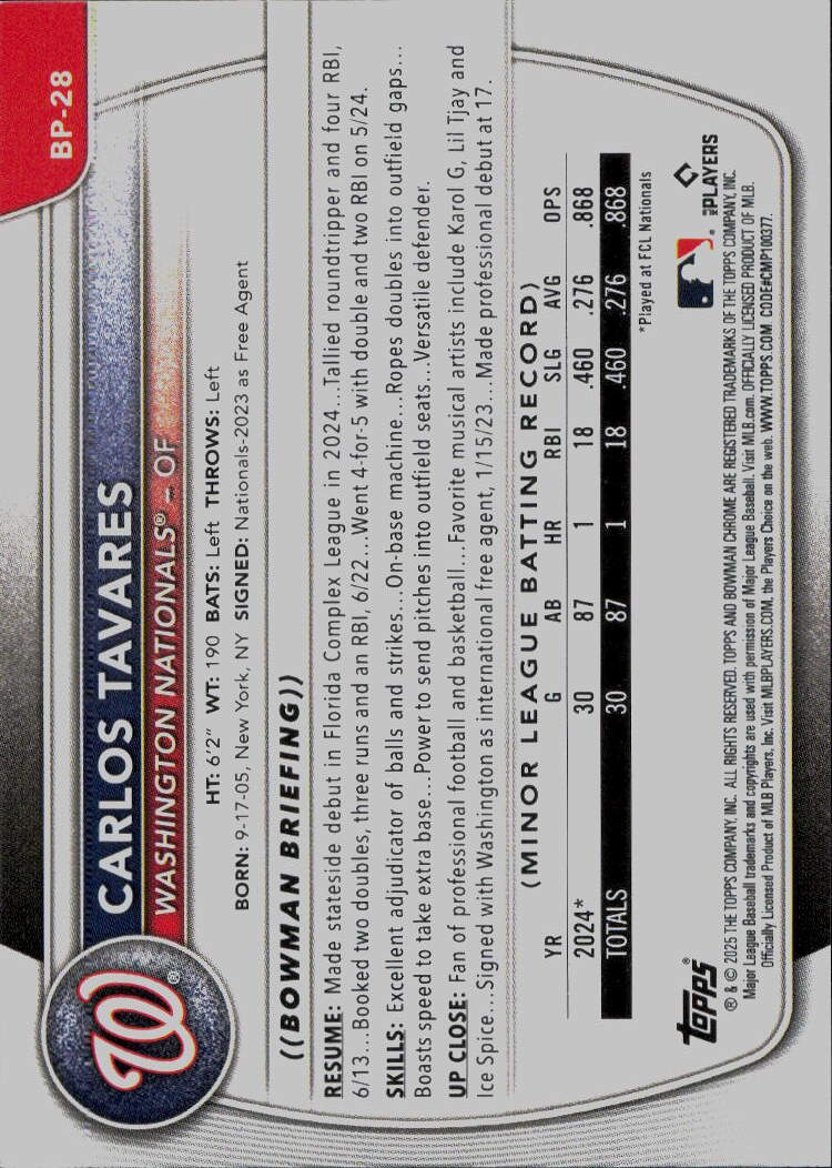 2025 Bowman #BP-28 Carlos Tavares Prospects