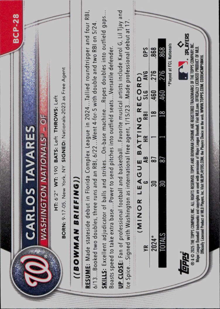 2025 Bowman #BCP-28 Carlos Tavares Chrome Prospects