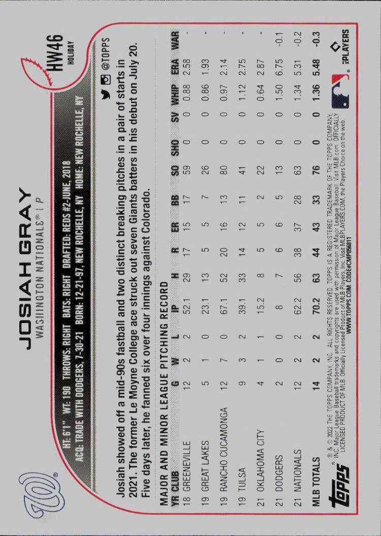 2022 Topps Holiday #HW46 Josiah Gray