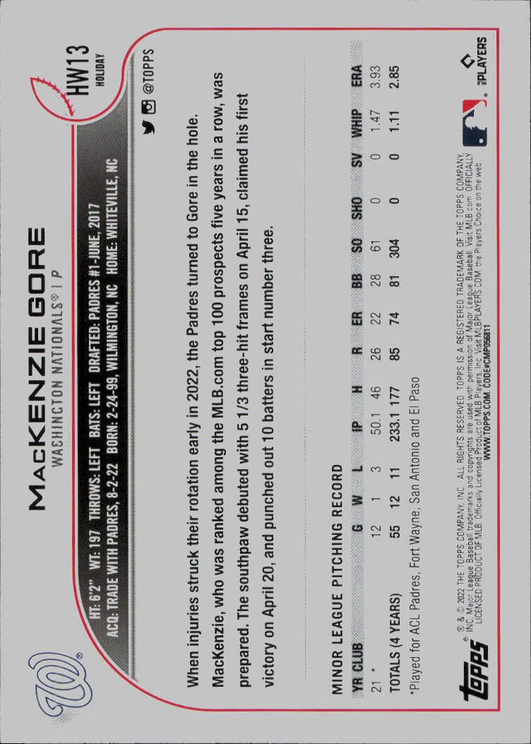 2022 Topps Holiday #HW13 MacKenzie Gore