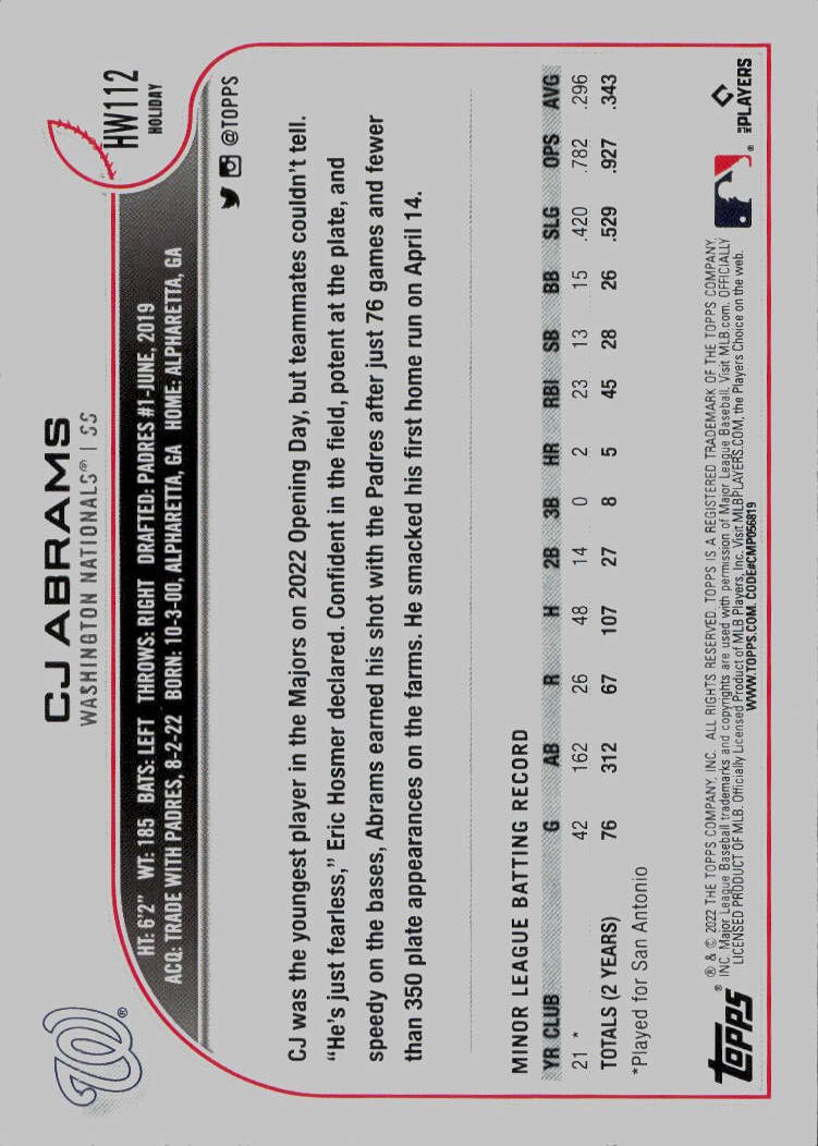 2022 Topps Holiday #HW112 CJ Abrams