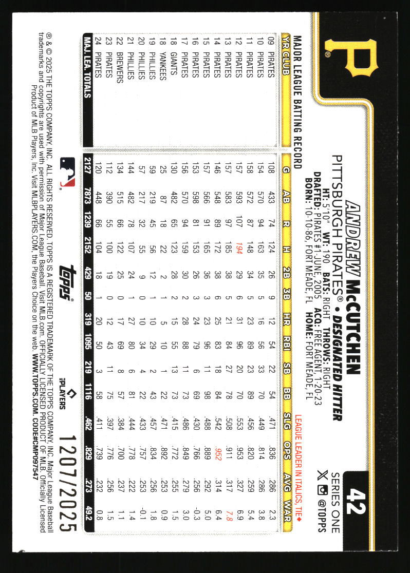 2025 Topps #42 Andrew McCutchen Gold #/2025