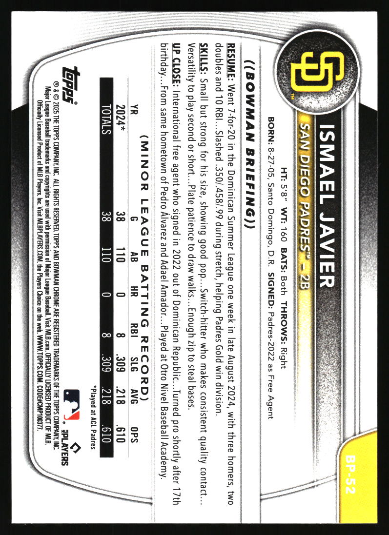 2025 Bowman #BP-52 Ismael Javier Prospects /99