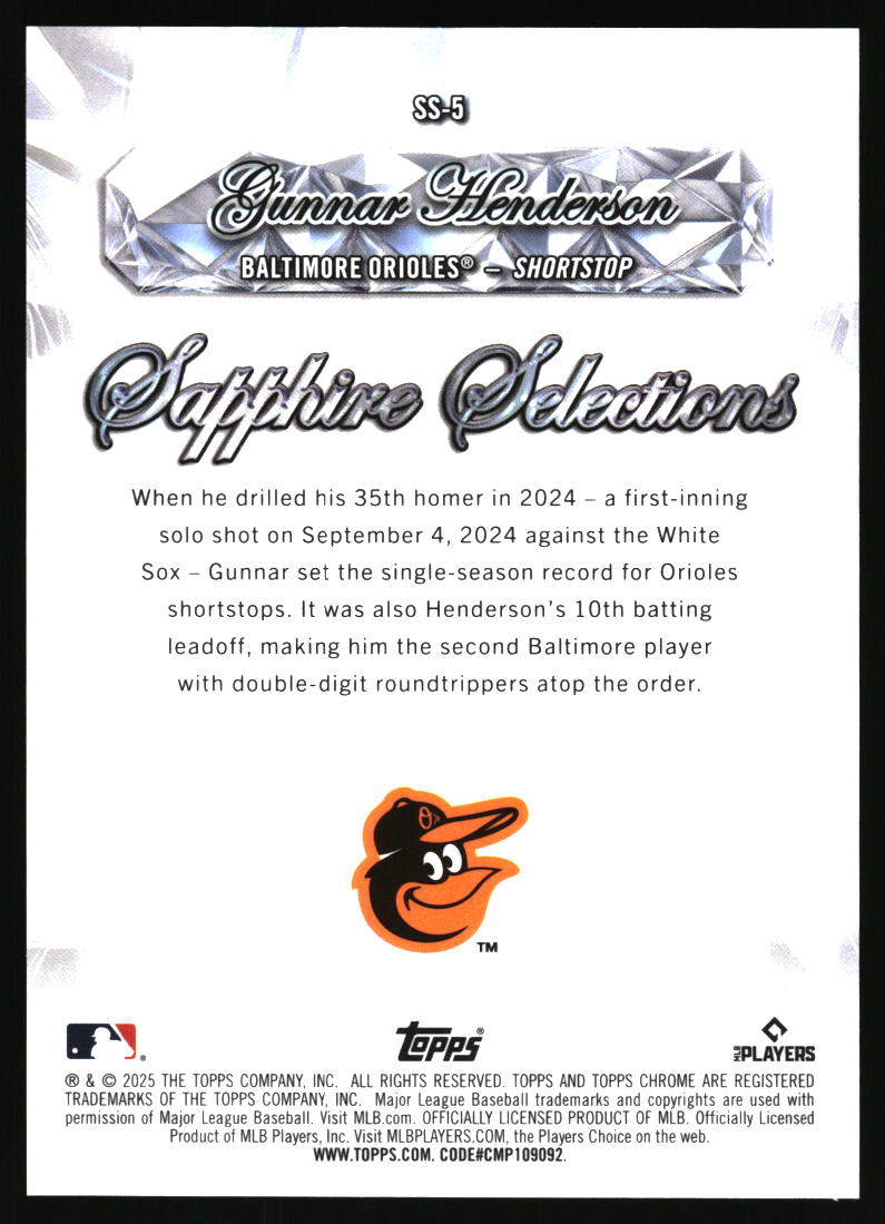 2025 Topps Chrome Sapphire Edition #SS-5 Gunnar Henderson Sapphire Selections