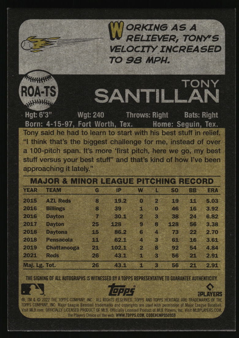 2022 Topps Heritage #ROA-TS Tony Santillan Real One Autographs