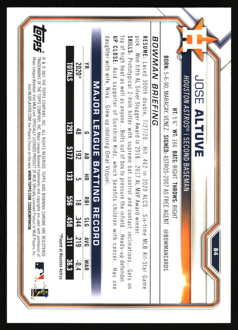 2021 Bowman #84 Jose Altuve Neon Green #/399