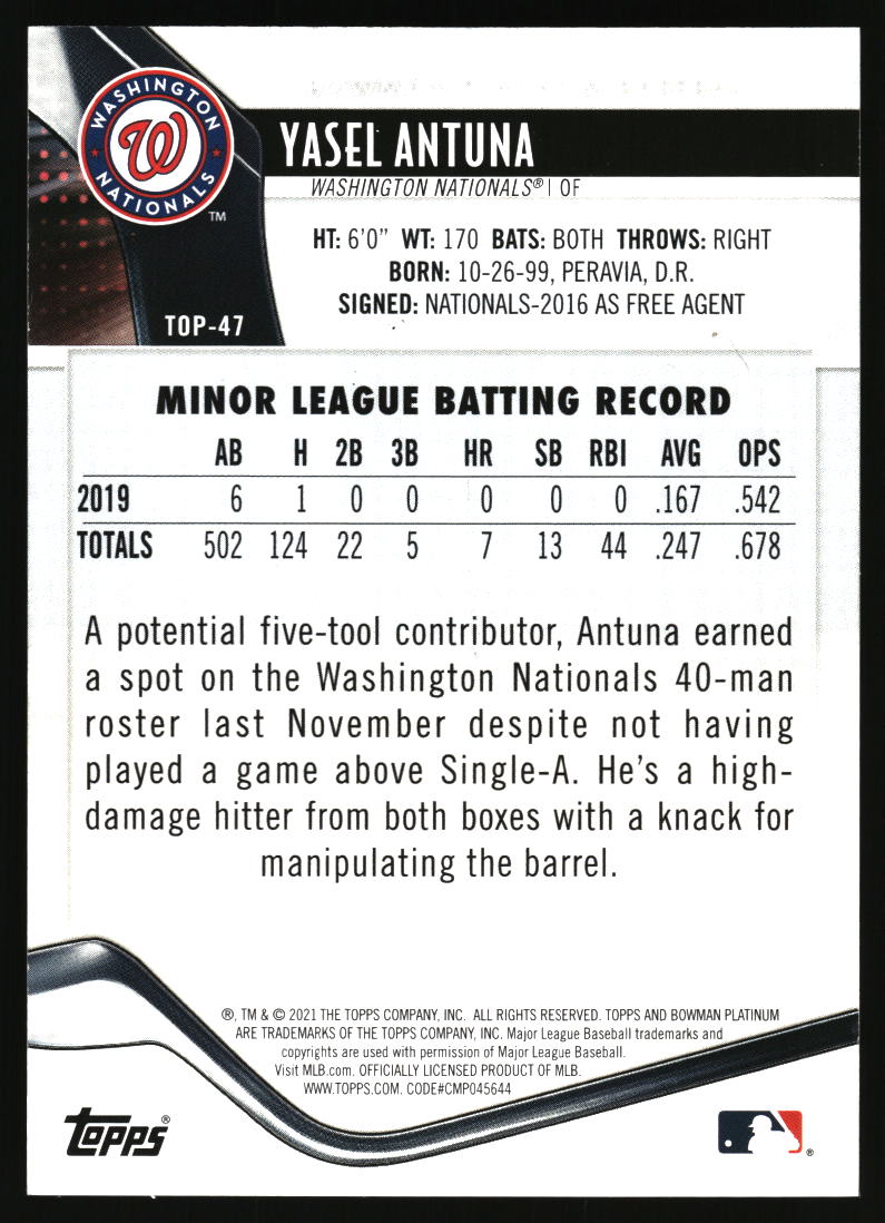 2021 Bowman Platinum #TOP-47 Yasel Antuna Top Prospects Green Icy Foil #/99
